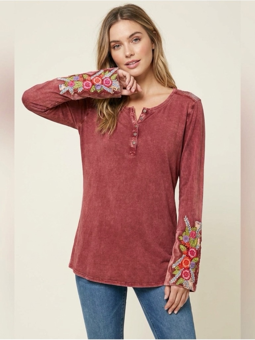 ARATTA NWT Embroidered Velvet Cuff Henley Top Burgundy Mineral Wash Boho Sz S